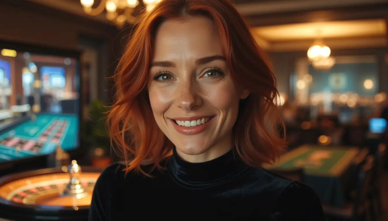 Solo redhead woman smiling in evening home office casino atmosphere