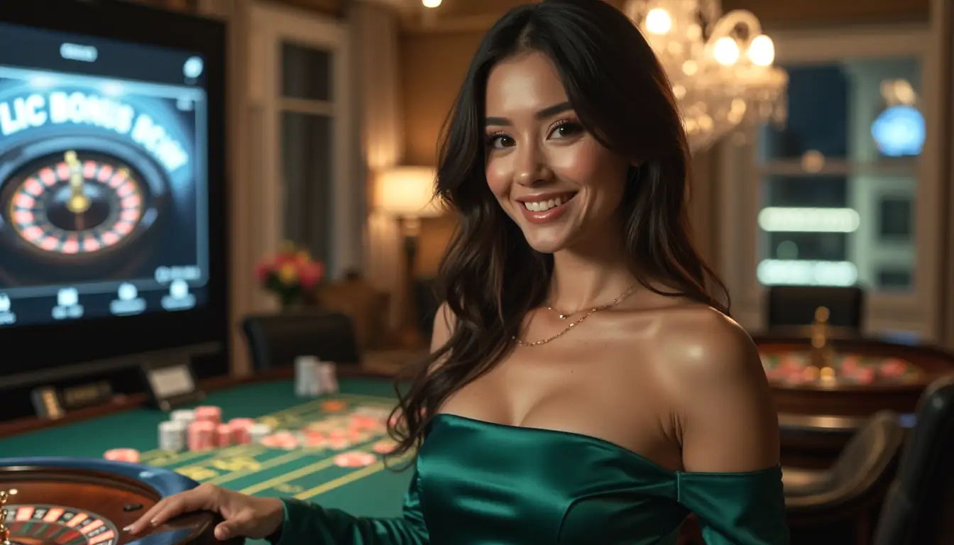 Solo woman smiling at night with luxurious online casino ambience