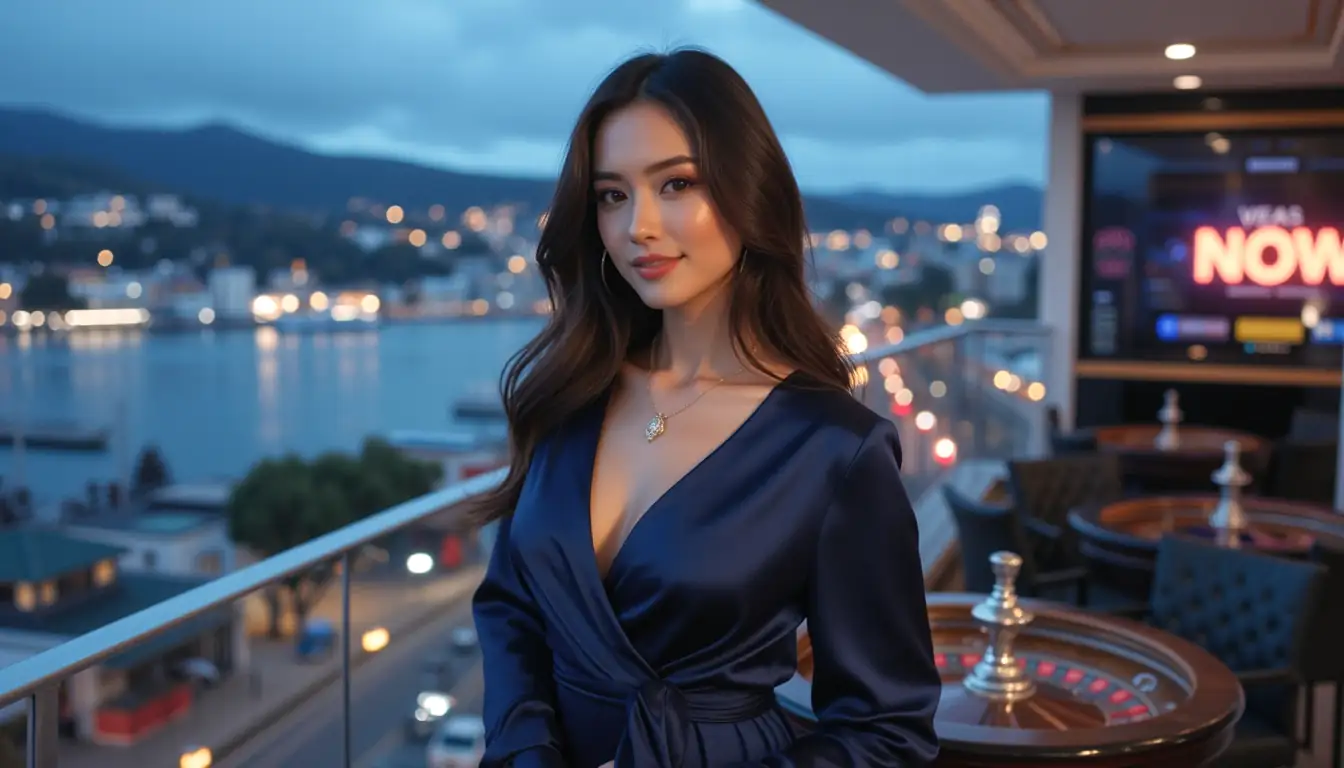 Solo woman smiling in blue-hour penthouse with online casino ambience