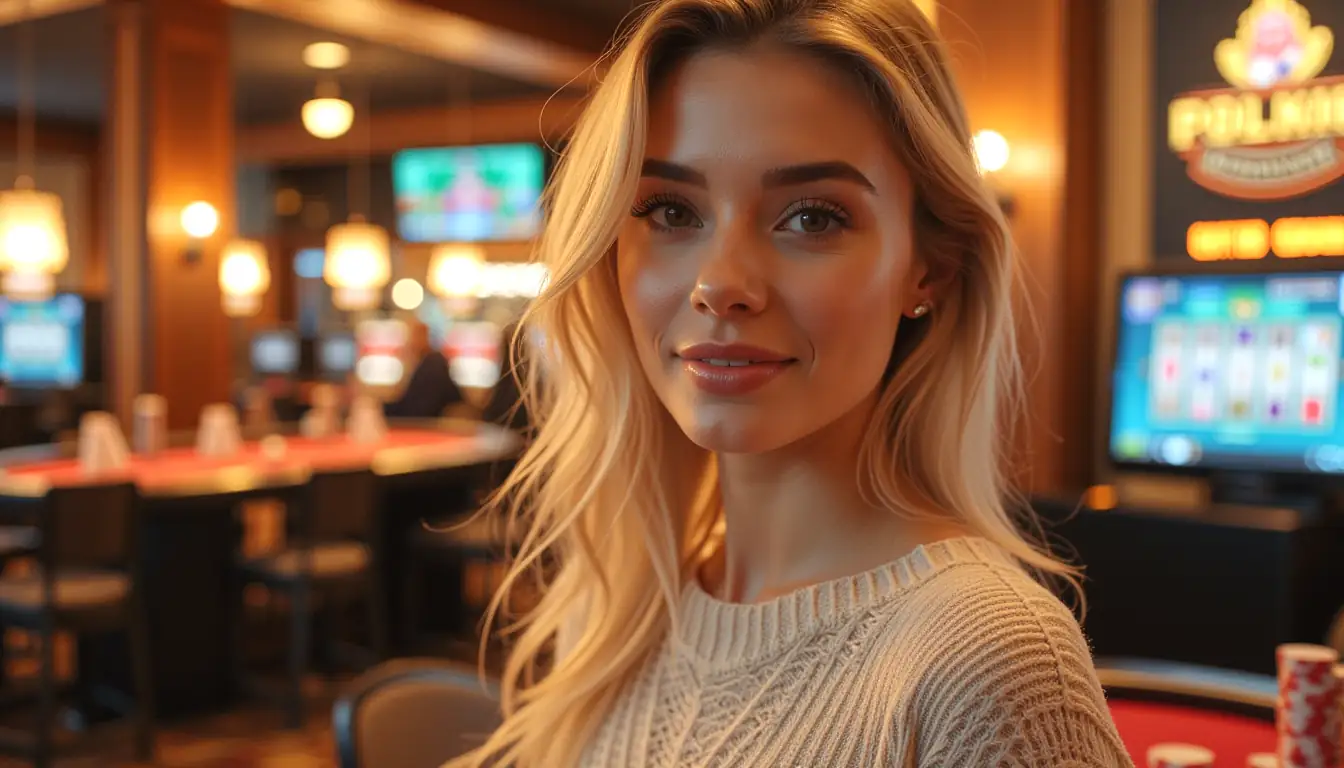 Solo blonde woman in golden-hour lounge with casino mood